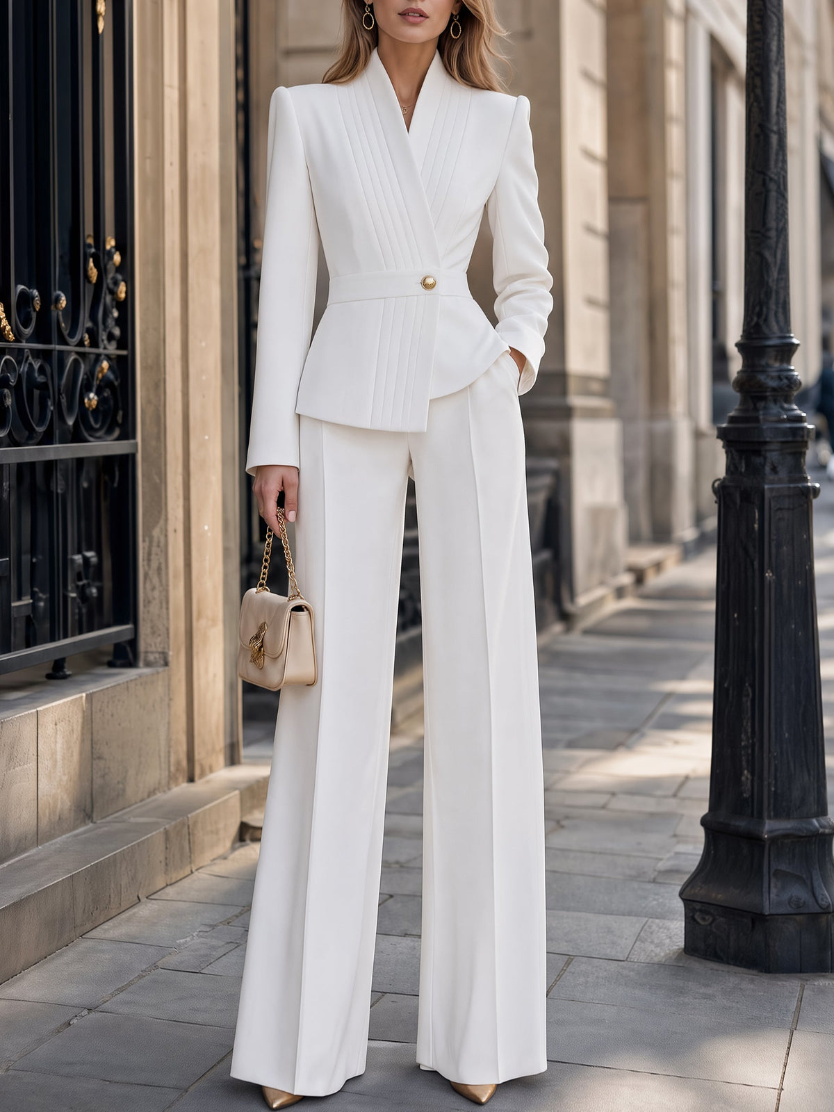 Women's Peplum Blazer & Wide Leg Pants Set | Elegant Two Piece Suit