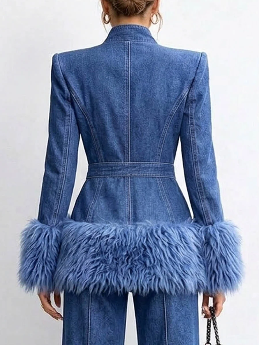 🤲LAST DAY SAVE 49% ⏰Women's Tailored Denim Jacket with Faux Fur Trim-FREE Handbag