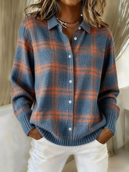 Women's Relaxed Plaid Cardigan | Cozy Button-Up Knit Sweater