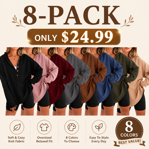 🤲Women's Oversized Button V-Neck Hoodie Sweatshirt Long Sleeve Side Slit Casual Fall Pullover Top