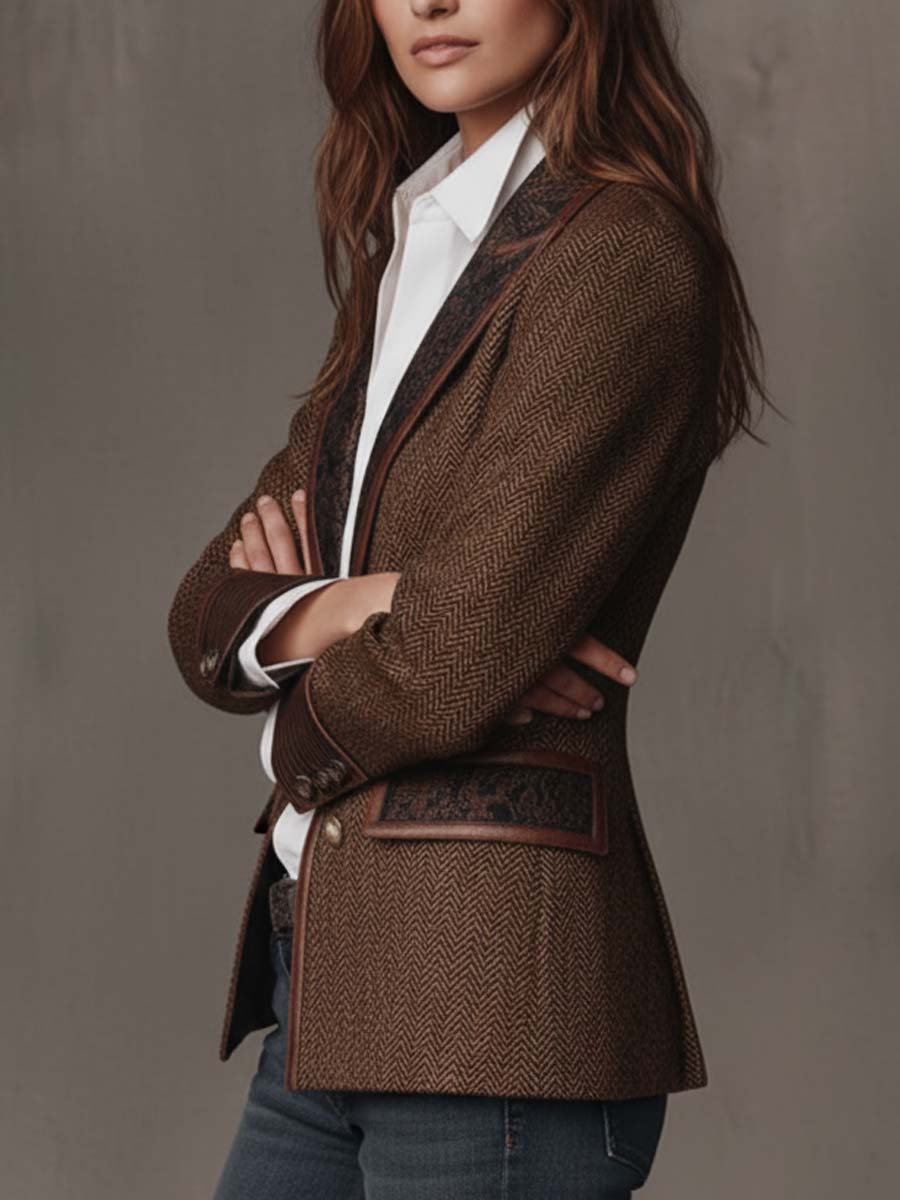 Women's Herringbone Panel Blazer | Vintage-Inspired Tailored Jacket