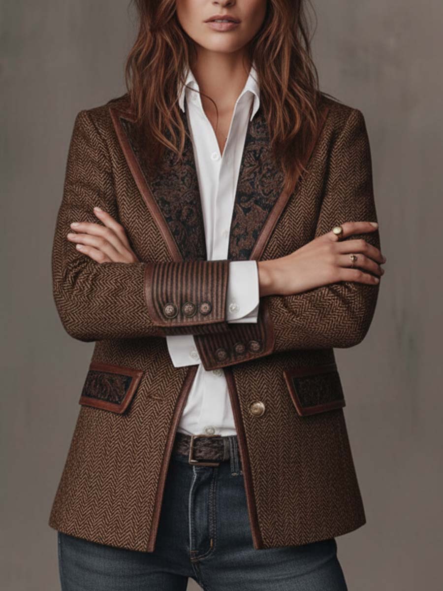 Women's Herringbone Panel Blazer | Vintage-Inspired Tailored Jacket