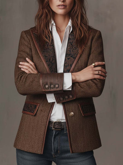 Women's Herringbone Panel Blazer | Vintage-Inspired Tailored Jacket