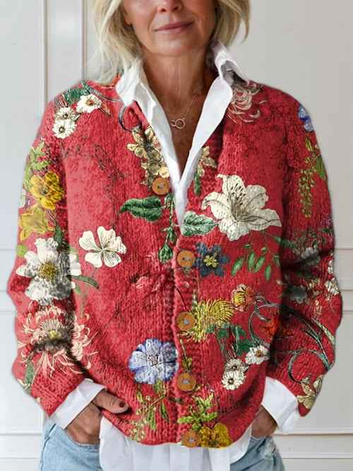 Women's Vintage Floral Knit Cardigan | Cozy Button-Up Layering Sweater