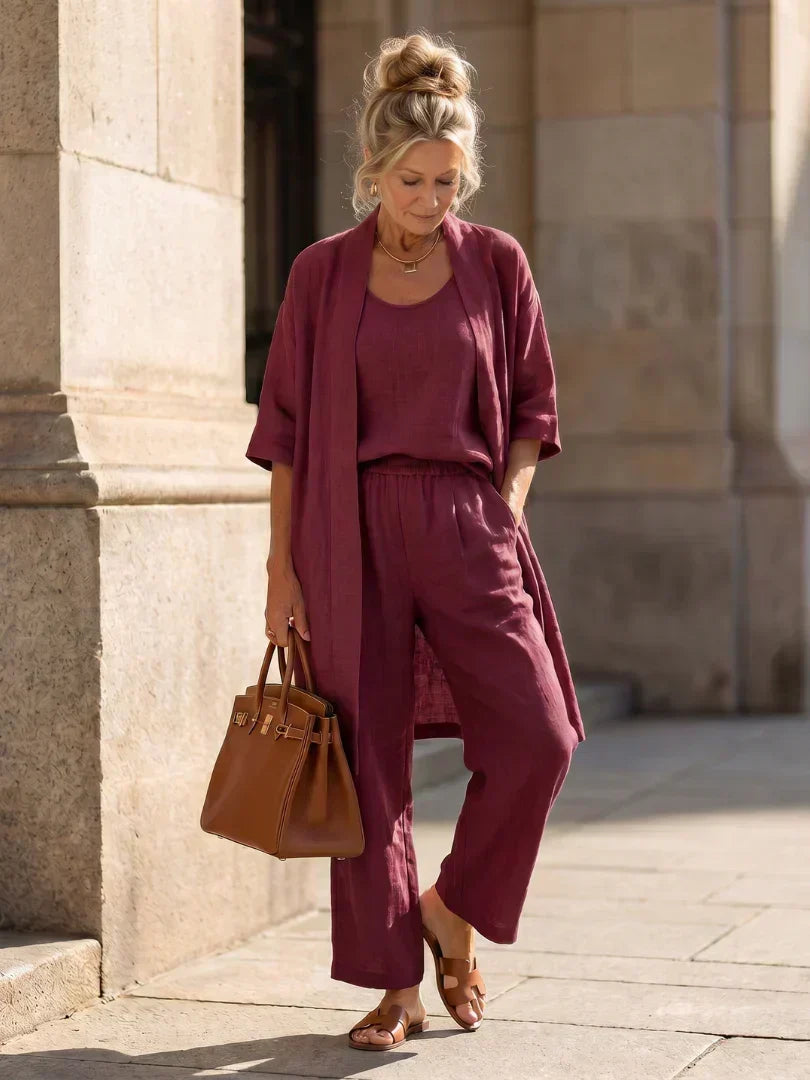 Women's Elegant 3 Piece Linen Set With Wide Leg Pants