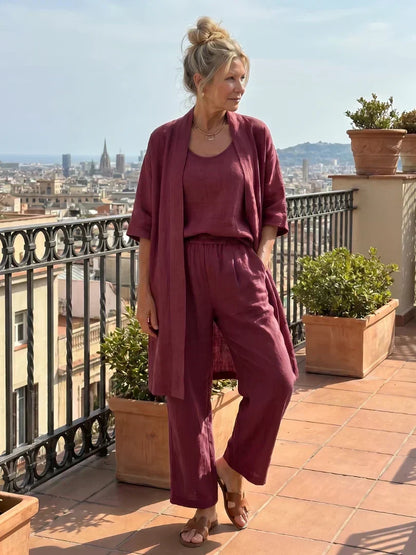 Women's Elegant 3 Piece Linen Set With Wide Leg Pants