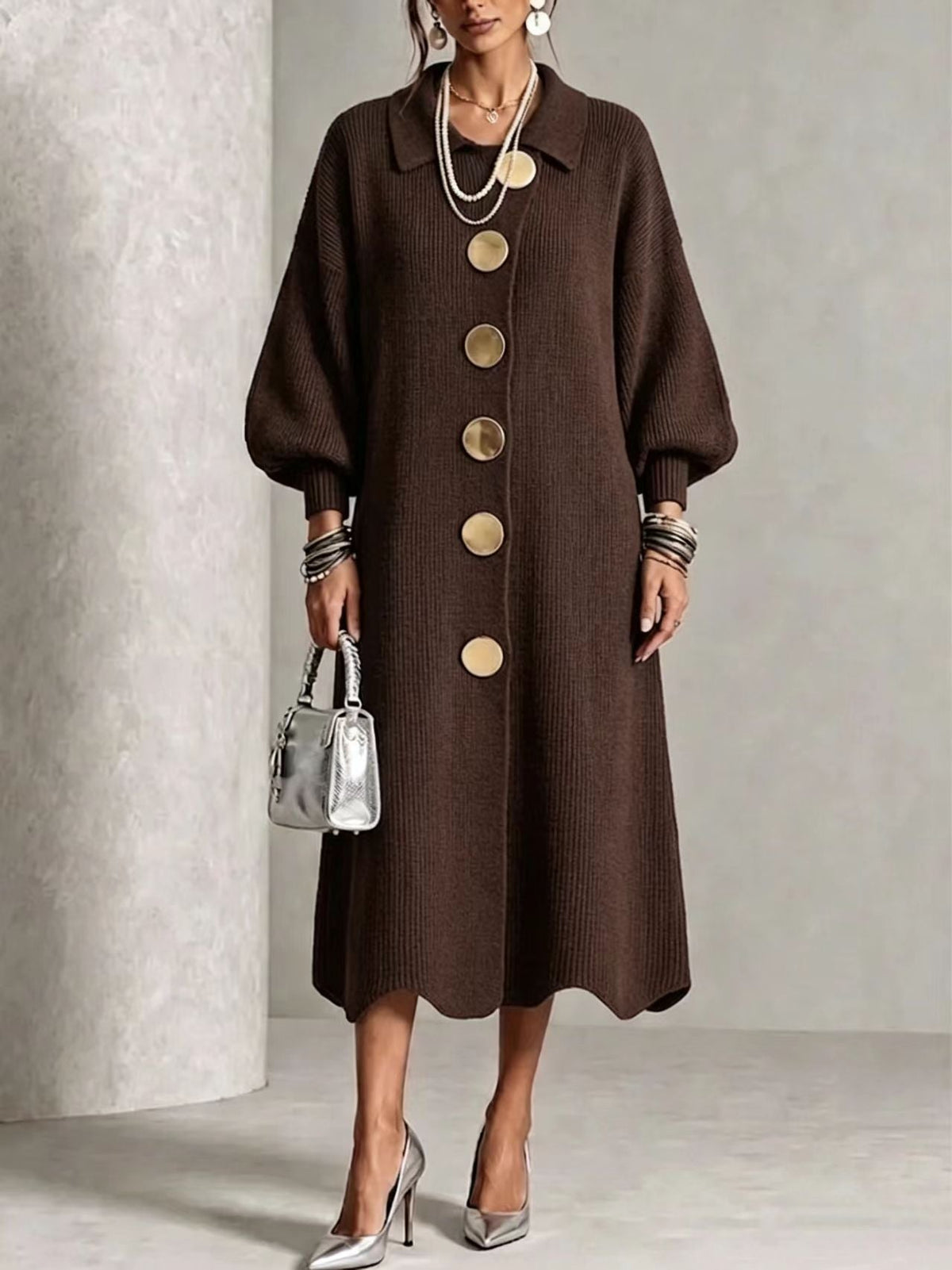 🤲LAST DAY SAVE 49% ⏰Long-sleeve Knit Dress With A Large Metal Buckle, Lapel Collar, And Lantern Sleeves— FREE Handbag
