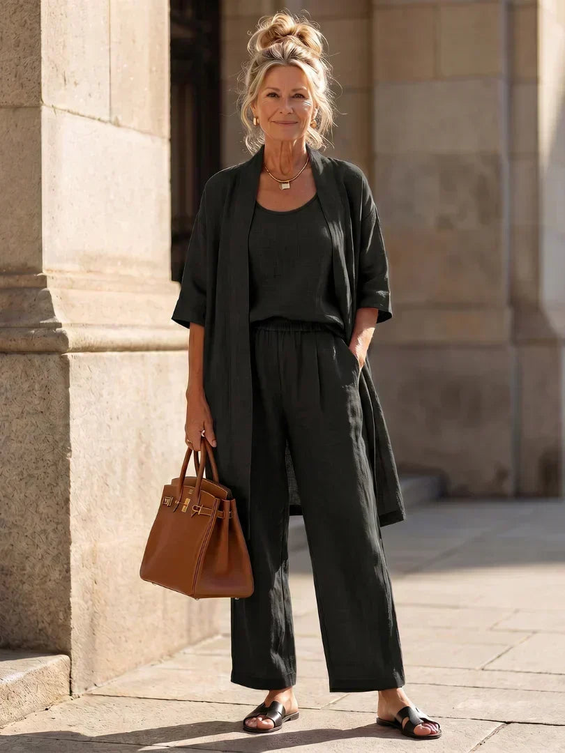 Women's Elegant 3 Piece Linen Set With Wide Leg Pants