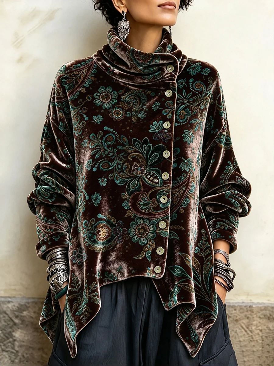 🤲LAST DAY SAVE 49% 🌸Women's Vintage Paisley Velvet Cowl Neck Top