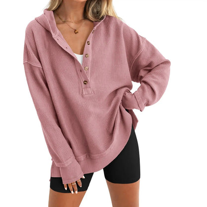 🤲Women's Oversized Button V-Neck Hoodie Sweatshirt Long Sleeve Side Slit Casual Fall Pullover Top