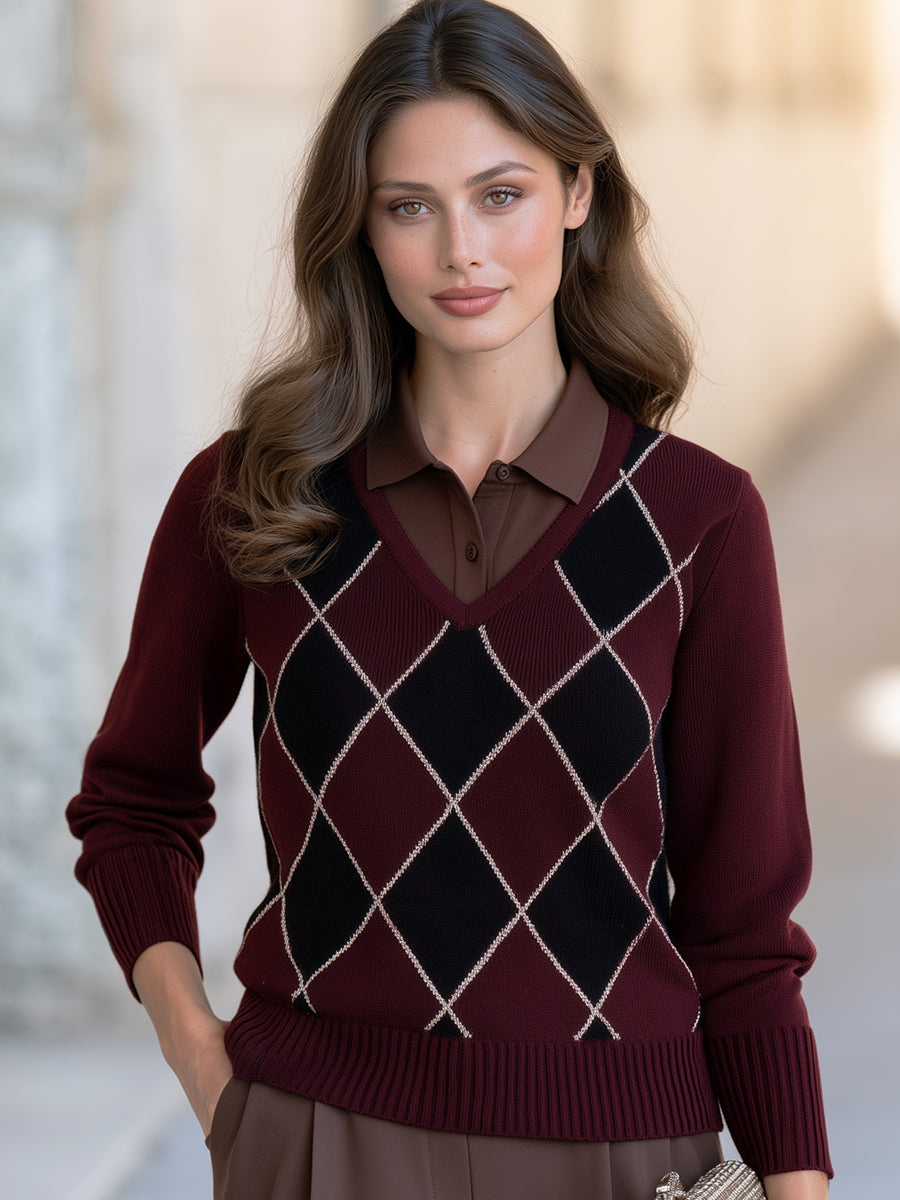 Women's Burgundy Argyle Knit Polo Sweater | Faux-Layered Collar Long Sleeve Top