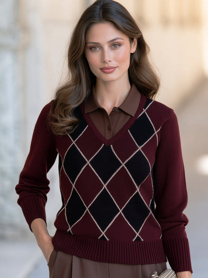Women's Burgundy Argyle Knit Polo Sweater | Faux-Layered Collar Long Sleeve Top