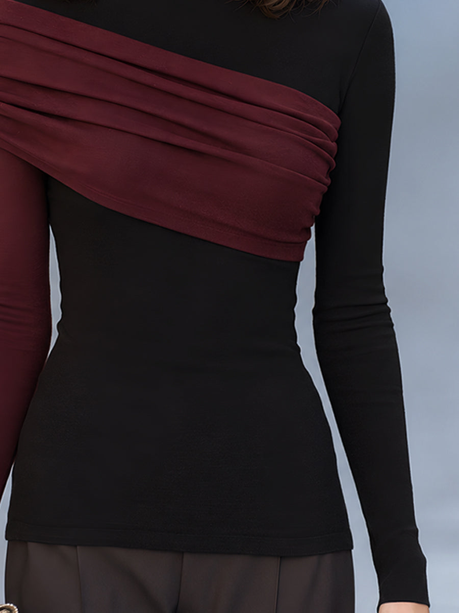 Women's Asymmetrical Draped Shoulder Long Sleeve Top | Elegant Contrast Blouse