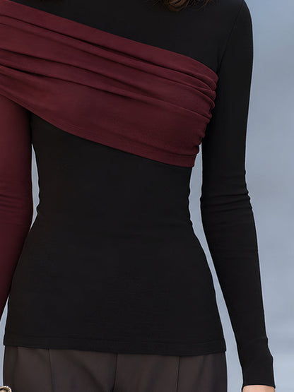 Women's Asymmetrical Draped Shoulder Long Sleeve Top | Elegant Contrast Blouse
