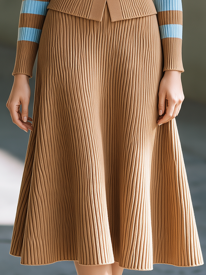 Women's Striped Knit Polo Cardigan & Flared Midi Skirt Set | Elegant 2-Piece Outfit