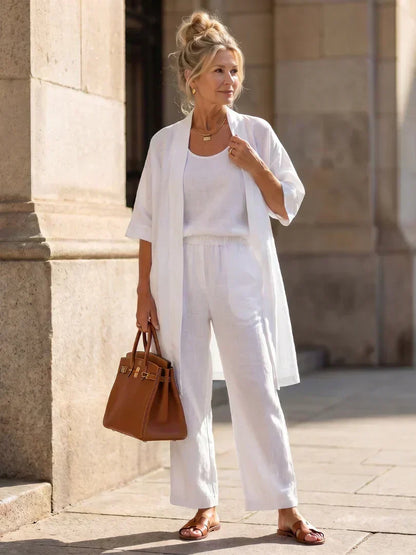 Women's Elegant 3 Piece Linen Set With Wide Leg Pants
