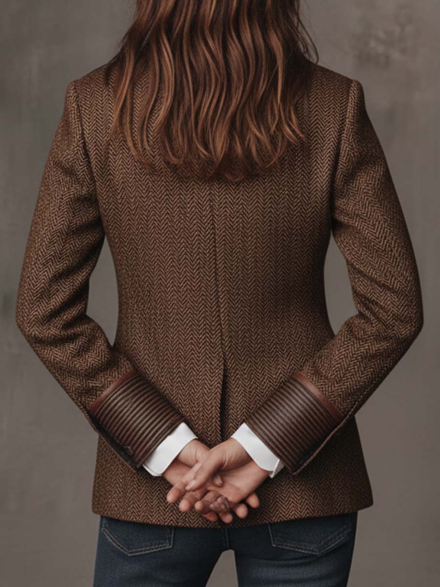 Women's Herringbone Panel Blazer | Vintage-Inspired Tailored Jacket