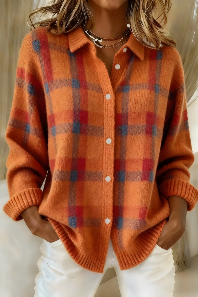Women's Relaxed Plaid Cardigan | Cozy Button-Up Knit Sweater