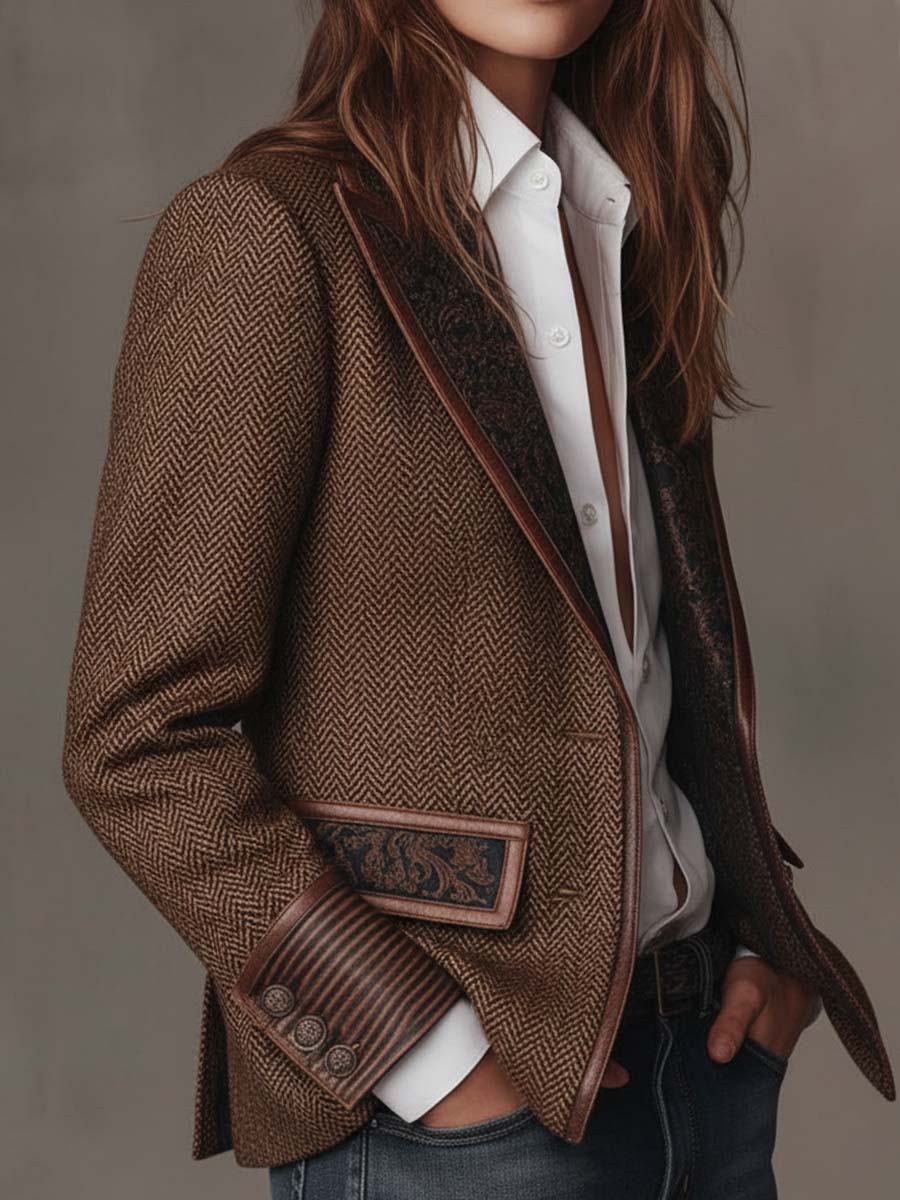 Women's Herringbone Panel Blazer | Vintage-Inspired Tailored Jacket