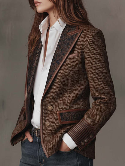 Women's Herringbone Panel Blazer | Vintage-Inspired Tailored Jacket