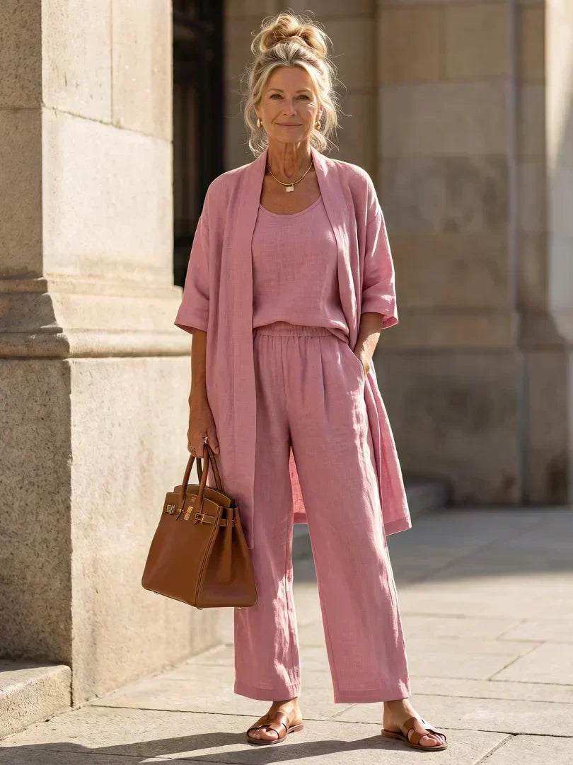 Women's Elegant 3 Piece Linen Set With Wide Leg Pants