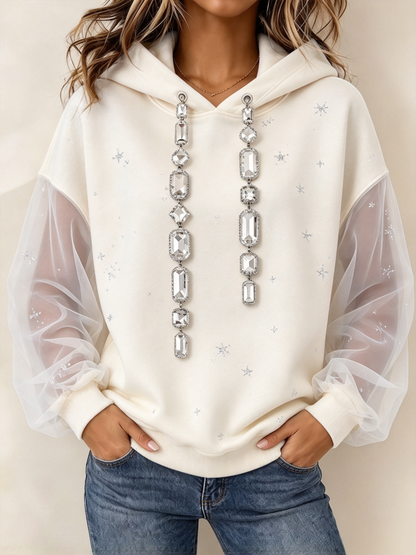 🤲LAST DAY SAVE 49% ⏰Chic Rhinestone-embellished Hoodie With Sheer Drawstring Sleeves