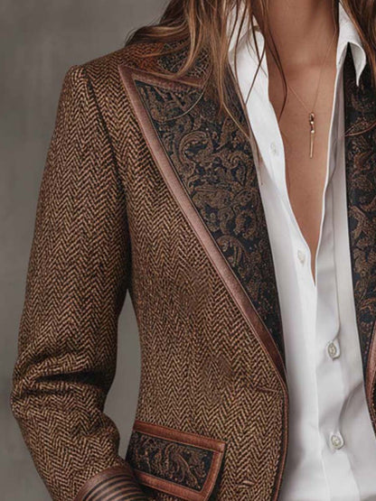 Women's Herringbone Panel Blazer | Vintage-Inspired Tailored Jacket