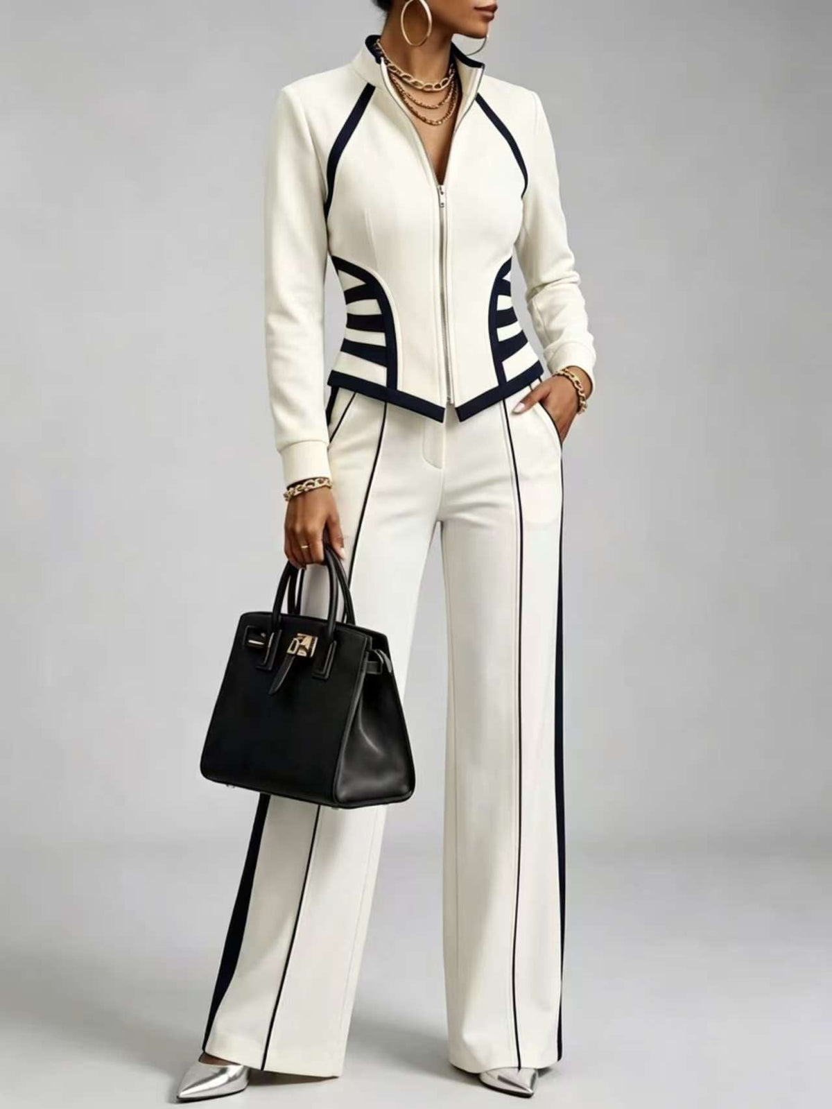 🤲LAST DAY SAVE 49% ⏰Cozy And Casual Two-piece Set Featuring A Slim-fit, Stretchy Zip-up Sweatshirt And Pants With Black Webbing Trim.— FREE Handbag