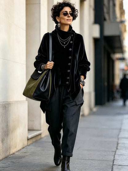 🤲LAST DAY SAVE 49% ⏰Chic Velvet Asymmetric Button Turtleneck Top+🔥Free Crossbody Bag