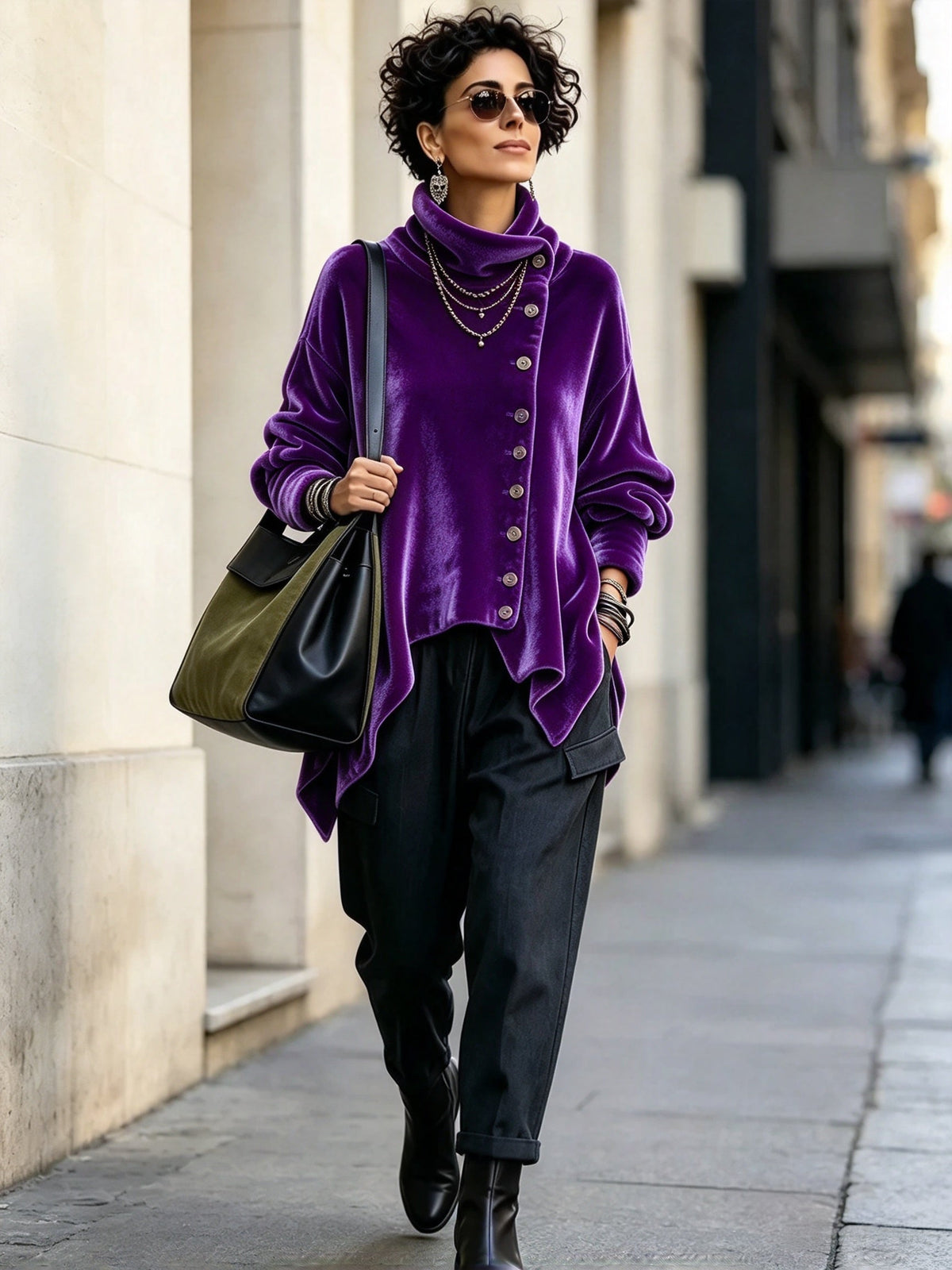 🤲LAST DAY SAVE 49% ⏰Chic Velvet Asymmetric Button Turtleneck Top+🔥Free Crossbody Bag