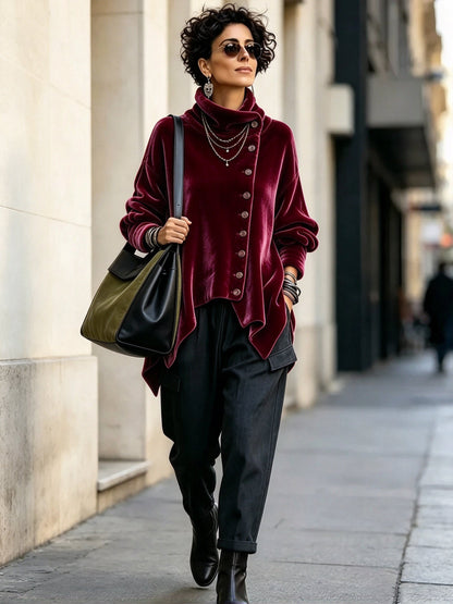 🤲LAST DAY SAVE 49% ⏰Chic Velvet Asymmetric Button Turtleneck Top+🔥Free Crossbody Bag
