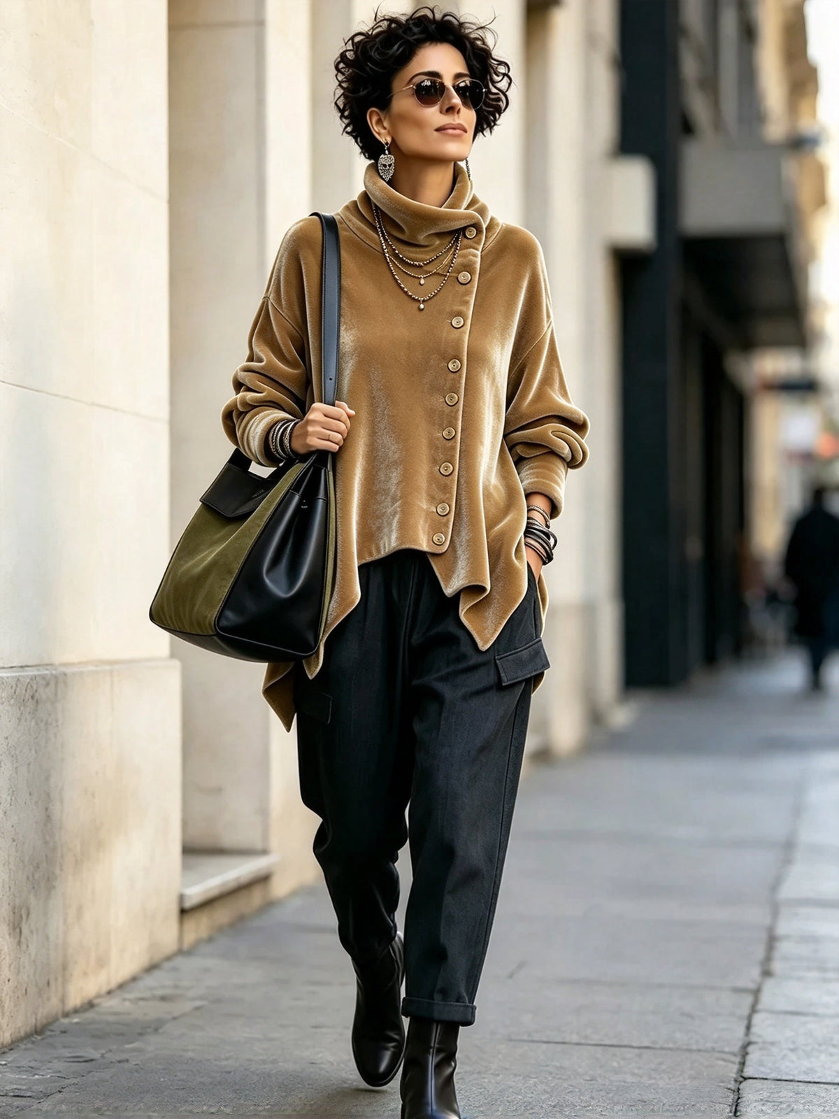 🤲LAST DAY SAVE 49% ⏰Chic Velvet Asymmetric Button Turtleneck Top+🔥Free Crossbody Bag