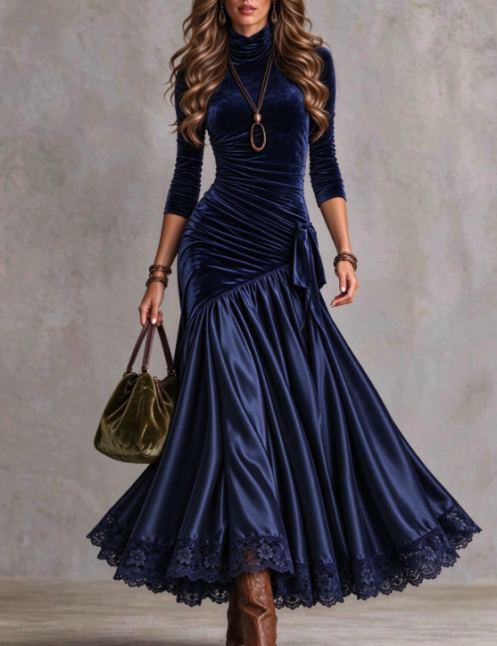 🤲LAST DAY SAVE 49% ⏰Women's Vintage Velvet Ruched Maxi Dress with Lace Trim