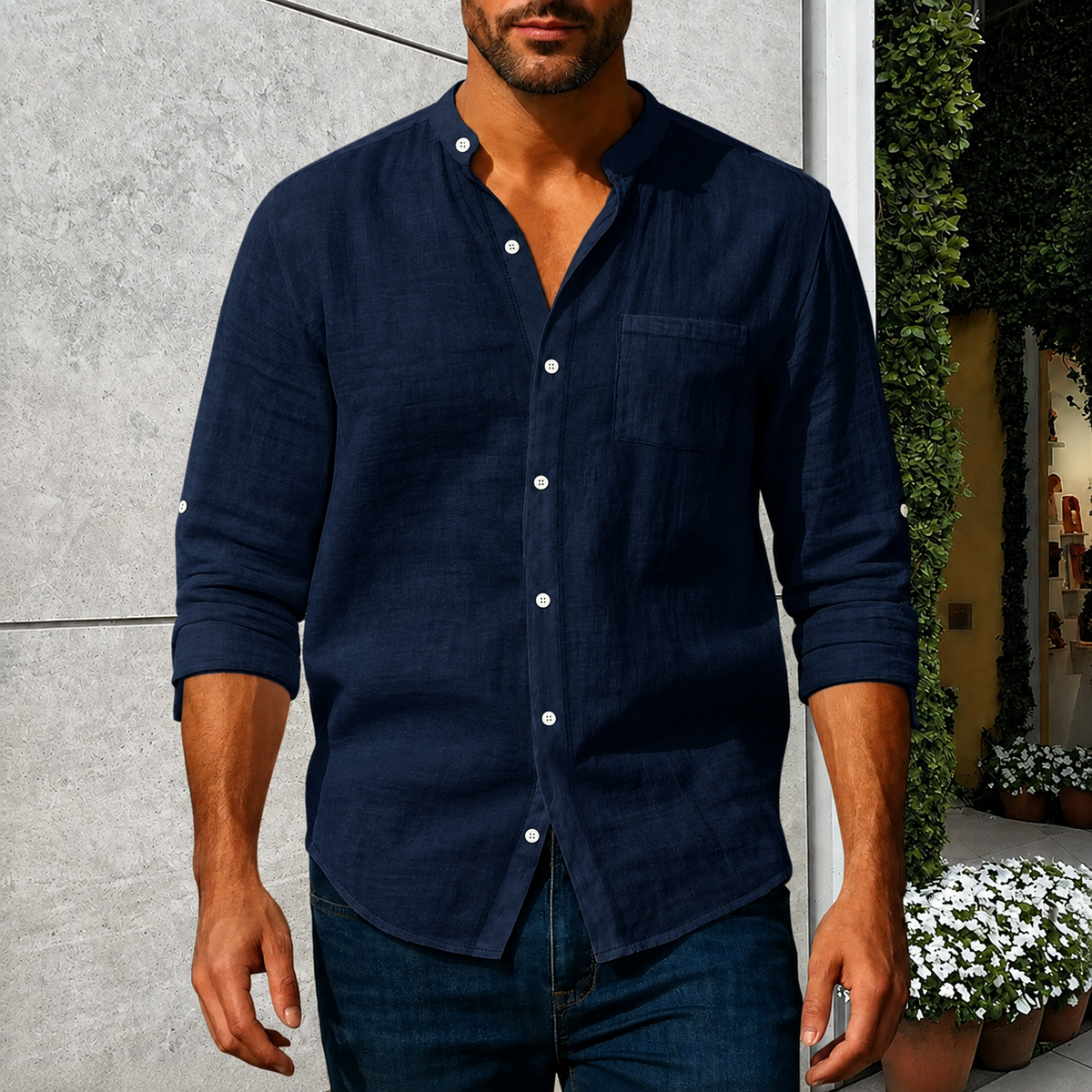 Men's Linen Stand Collar Shirt | Casual Long Sleeve Button-Up