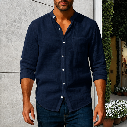 Men's Linen Stand Collar Shirt | Casual Long Sleeve Button-Up
