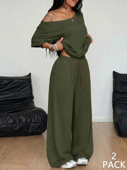 💥Trending Now | Women's Off-Shoulder 2-Piece Set - Comfortable Top & Wide Leg Pants