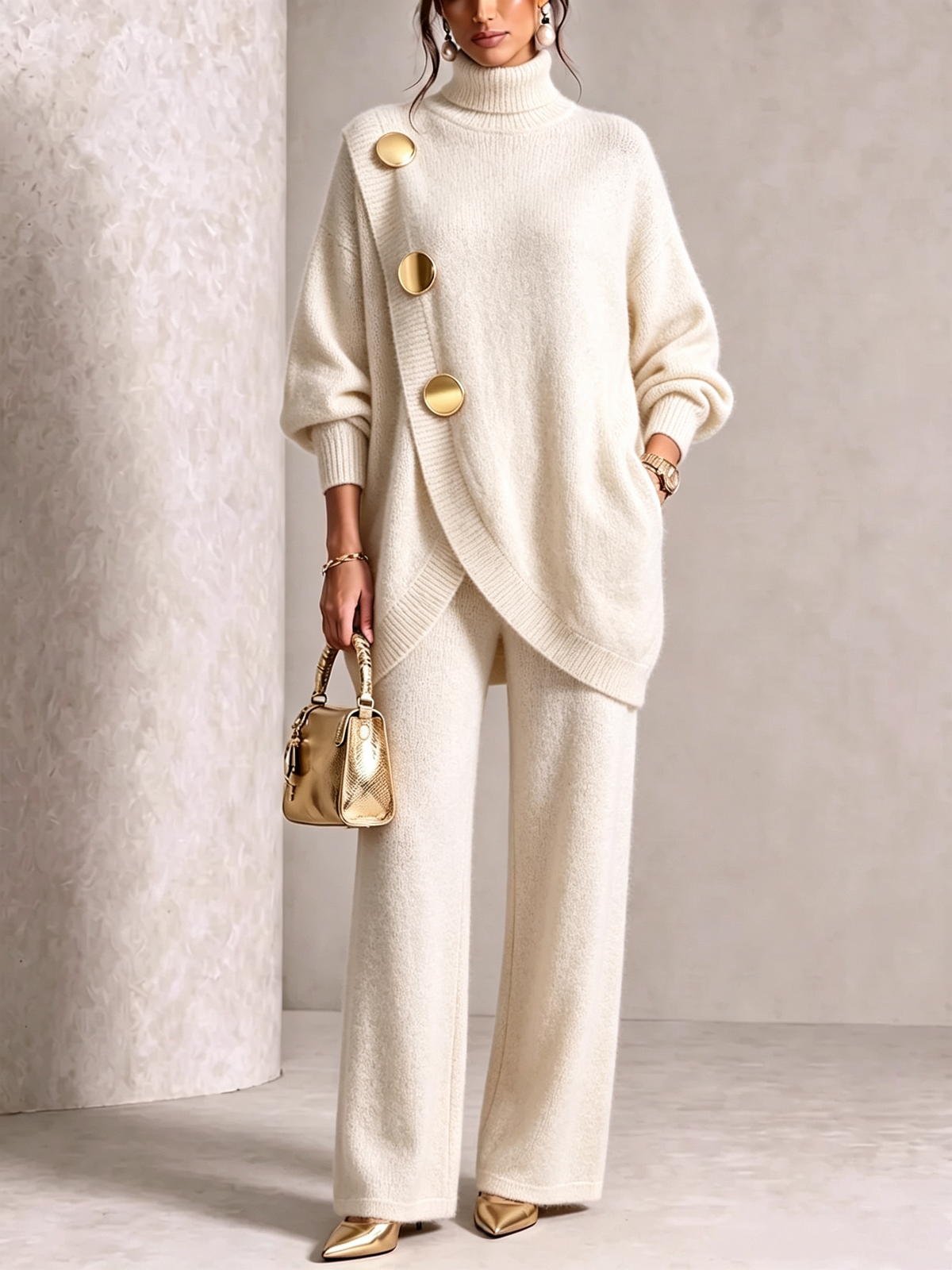 🤲LAST DAY SAVE 49% ⏰Elegant Burgundy Knit Asymmetrical Button Set— FREE Handbag
