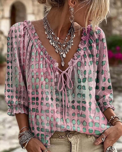 Polka Dot Tie-Front Blouse – V-Neck, 3/4 Sleeve, Relaxed Fit