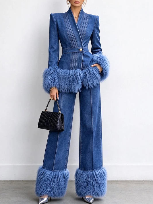🤲LAST DAY SAVE 49% ⏰Women's Tailored Denim Jacket with Faux Fur Trim-FREE Handbag