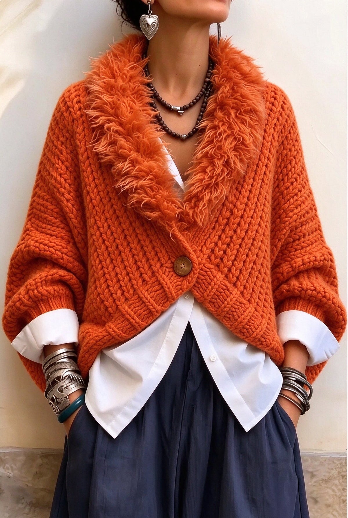 🤲LAST DAY SAVE 49% ⏰Luxury Faux Fur Collar Chunky Knit Cardigan