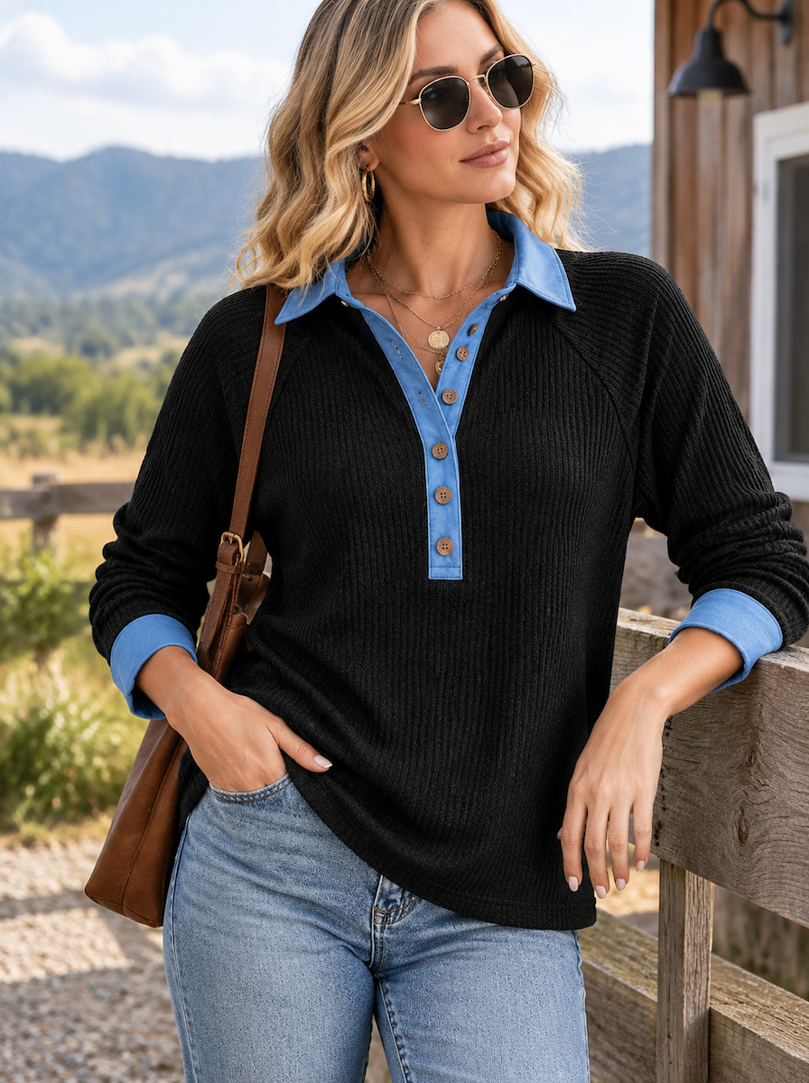 🌸🌸Women V-Neck Long Sleeve Top with Button Detail✨