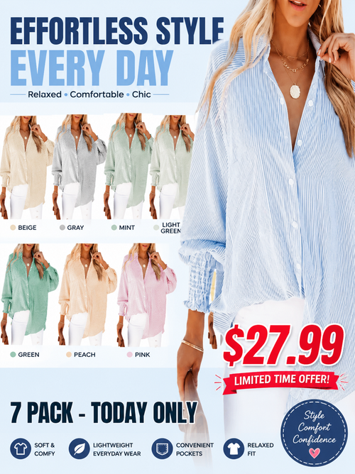 🤲🔥2026 Clearance Item🔥Women's pleated cuffs striped shirt with pockets and casual collar