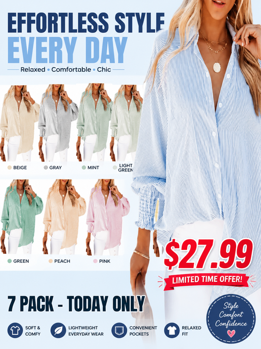 🤲🔥2026 Clearance Item🔥Women's pleated cuffs striped shirt with pockets and casual collar