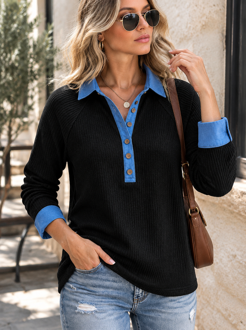 🌸🌸Women V-Neck Long Sleeve Top with Button Detail✨