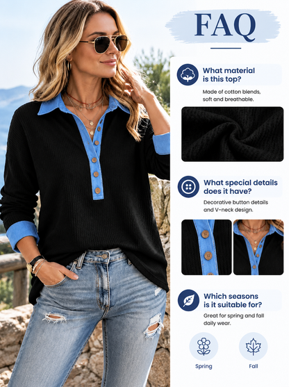 🌸🌸Women V-Neck Long Sleeve Top with Button Detail✨