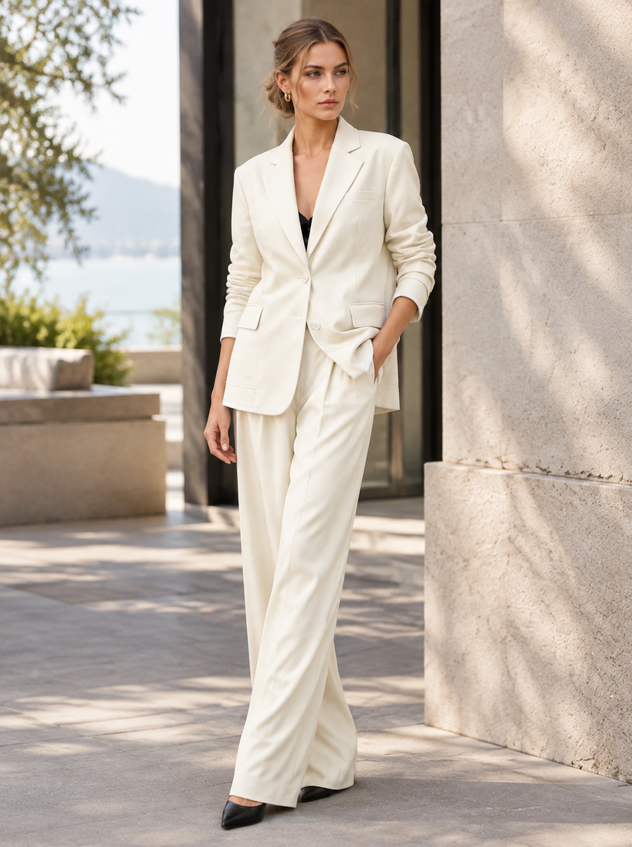 🌸🌸🛍️Fresh Launch Chic Commuter Suit Set – Oversized Tailored Blazer & Contrast Waistband Wide Leg Trousers