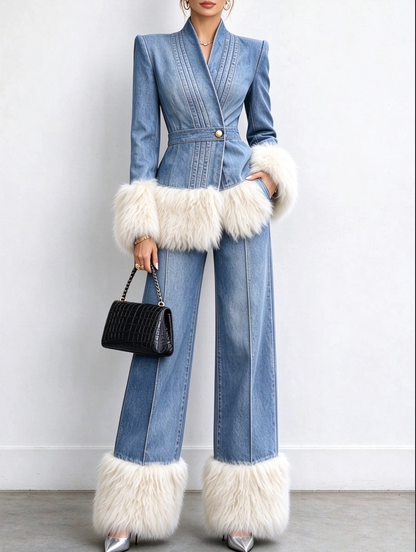🤲LAST DAY SAVE 49% ⏰Women's Tailored Denim Jacket with Faux Fur Trim-FREE Handbag