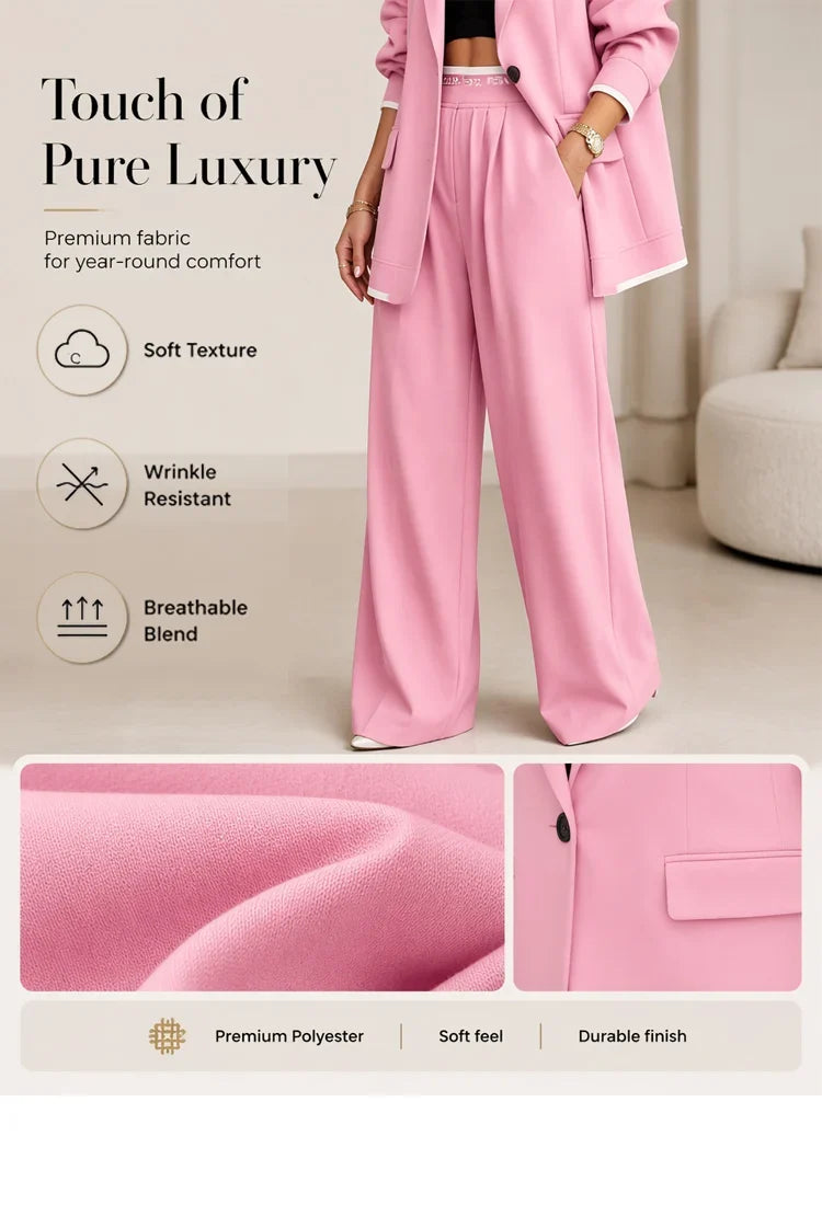 🌸🌸🛍️Fresh Launch Chic Commuter Suit Set – Oversized Tailored Blazer & Contrast Waistband Wide Leg Trousers