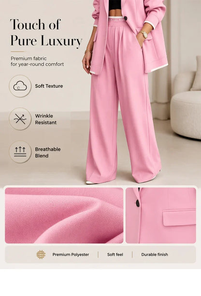🌸🌸🛍️Fresh Launch Chic Commuter Suit Set – Oversized Tailored Blazer & Contrast Waistband Wide Leg Trousers