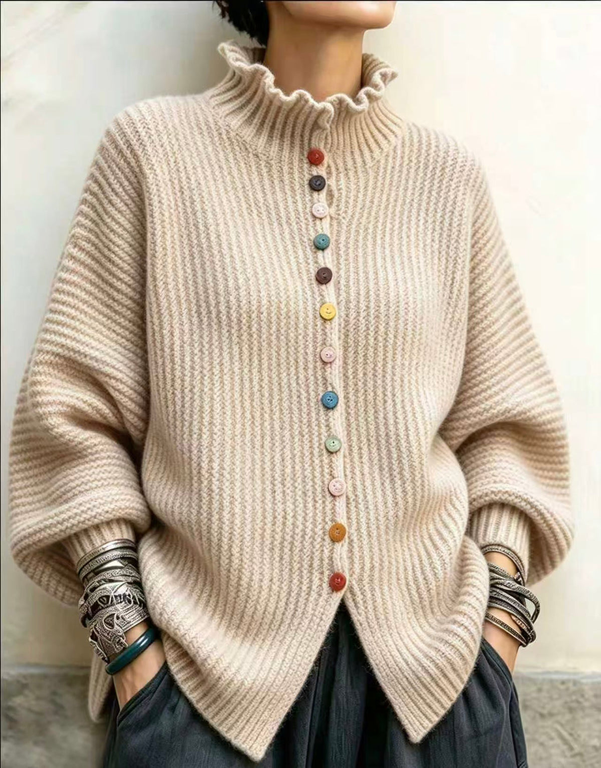 🤲LAST DAY SAVE 49% ⏰Vibrant Ruffled Turtleneck Sweater With Colorful Rainbow Buttons